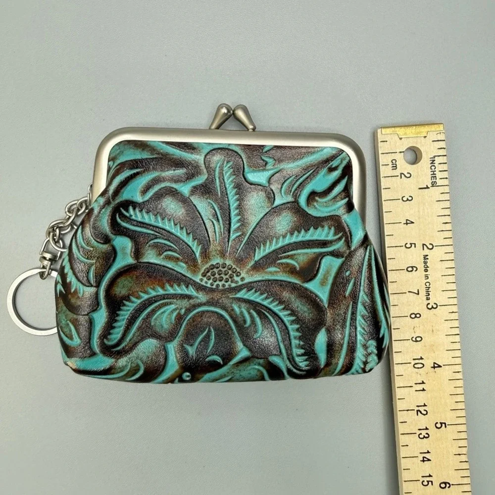PATRICIA NASH Borse Tooled Leather Coin Purse Kiss Lock Turquoise Floral Western